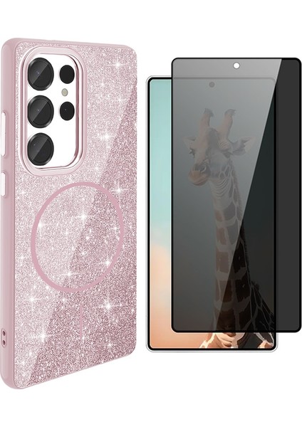 Samsung Galaxy S25 Ultra Kılıf M-Safe Şarj Özellikli Parlayan Simli Zore Okso Kapak + Hayalet Temperli Ekran Koruyucu