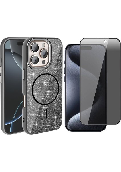 iPhone 15 Pro Max Kılıf M-Safe Şarj Özellikli Parlayan Simli Zore Okso Kapak + Hayalet Temperli Ekran Koruyucu