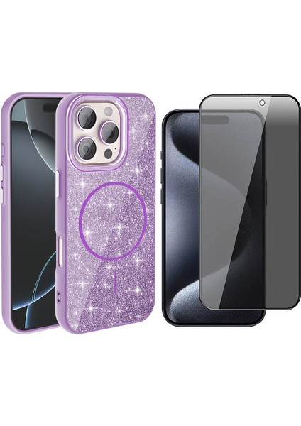 iPhone 15 Pro Max Kılıf M-Safe Şarj Özellikli Parlayan Simli Zore Okso Kapak + Hayalet Temperli Ekran Koruyucu