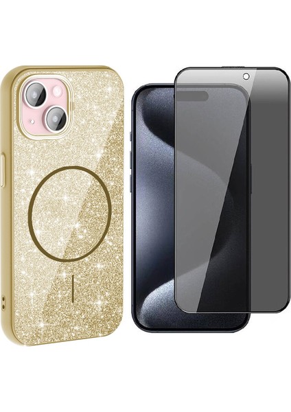 iPhone 15 Kılıf M-Safe Şarj Özellikli Parlayan Simli Zore Okso Kapak + Hayalet Temperli Ekran Koruyucu