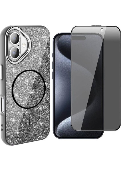 iPhone 16 Plus Kılıf M-Safe Şarj Özellikli Parlayan Simli Zore Okso Kapak + Hayalet Temperli Ekran Koruyucu