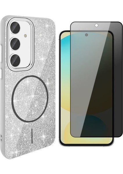 Samsung Galaxy S24 Fe Kılıf M-Safe Şarj Özellikli Parlayan Simli Zore Okso Kapak + Hayalet Temperli Ekran Koruyucu