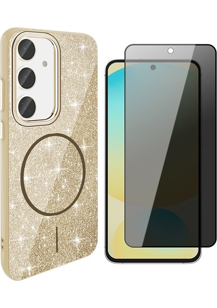 Samsung Galaxy S24 Fe Kılıf M-Safe Şarj Özellikli Parlayan Simli Zore Okso Kapak + Hayalet Temperli Ekran Koruyucu