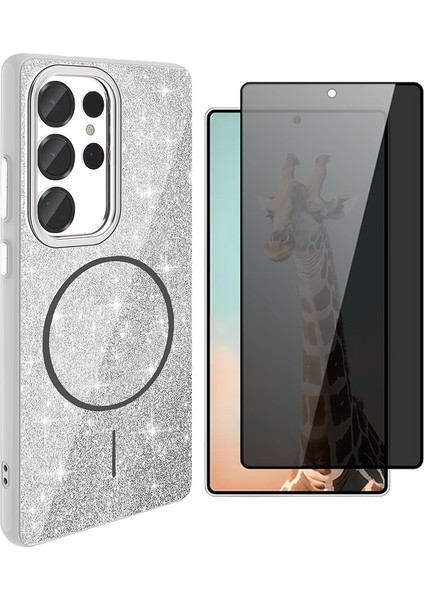 Samsung Galaxy S25 Ultra Kılıf M-Safe Şarj Özellikli Parlayan Simli Zore Okso Kapak + Hayalet Temperli Ekran Koruyucu