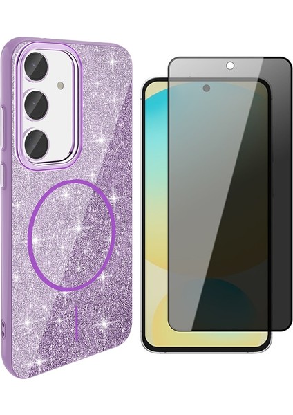 Samsung Galaxy S24 Fe Kılıf M-Safe Şarj Özellikli Parlayan Simli Zore Okso Kapak + Hayalet Temperli Ekran Koruyucu