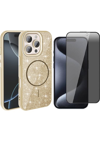 iPhone 15 Pro Max Kılıf M-Safe Şarj Özellikli Parlayan Simli Zore Okso Kapak + Hayalet Temperli Ekran Koruyucu