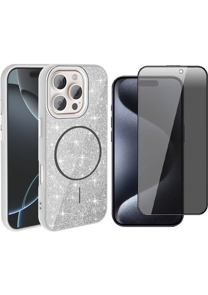 iPhone 16 Pro Max Kılıf M-Safe Şarj Özellikli Parlayan Simli Zore Okso Kapak + Hayalet Temperli Ekran Koruyucu