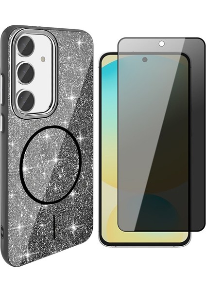 Samsung Galaxy S24 Fe Kılıf M-Safe Şarj Özellikli Parlayan Simli Zore Okso Kapak + Hayalet Temperli Ekran Koruyucu