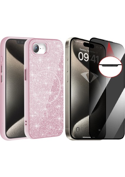 iPhone 16E Kılıf M-Safe Şarj Özellikli Parlayan Simli Zore Okso Kapak + Hayalet Temperli Ekran Koruyucu