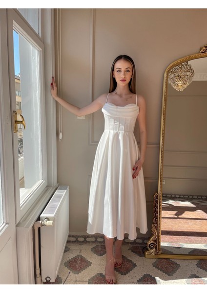 Organze Saten Midi Boy Askılı Abiye Elbise
