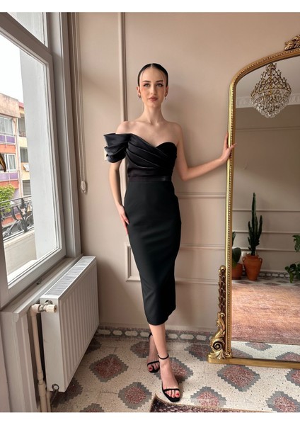 Tek Omuz Çift Renk Midi Boy Abiye Elbise fırsatları