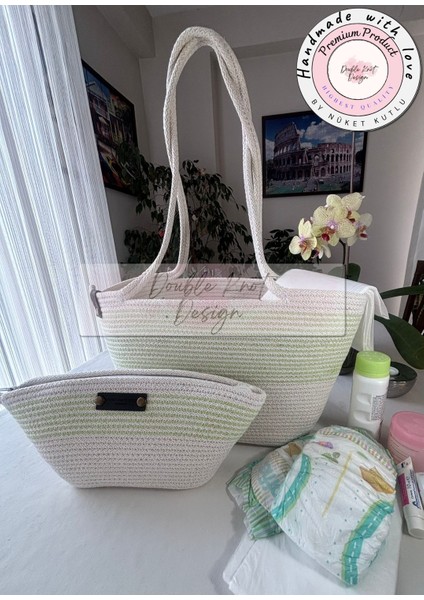 Baby 2li Takım Bebek Bakım Çantası,el Çantası Clutch Kadın Çanta,hediyelik, hasır Tress