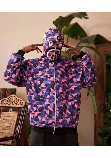 Unisex 2 Iplik Bape Kapüşonu Fermuarlı Hırka - Mor fiyatları