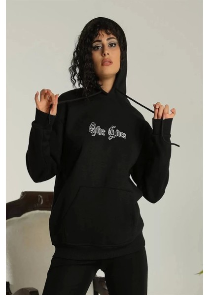 Kadın Sırt Baskılı Oversize Üç Iplik Kapüşonlu Sweatshirt - Siyah