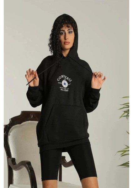 Kadın Sırt Baskılı Oversize Üç Iplik Kapüşonlu Sweatshirt - Siyah