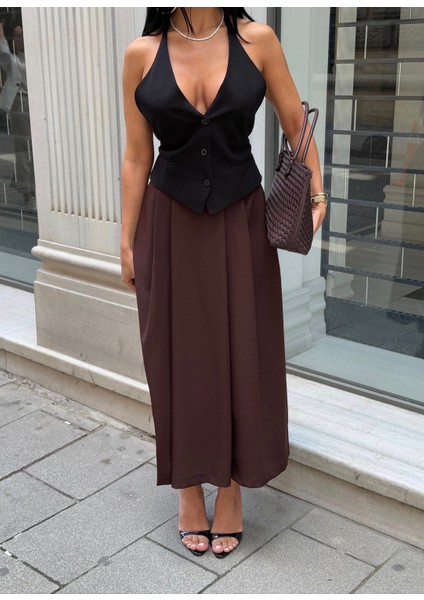 Kadın Yükse Bel Pileli Uzun Etek