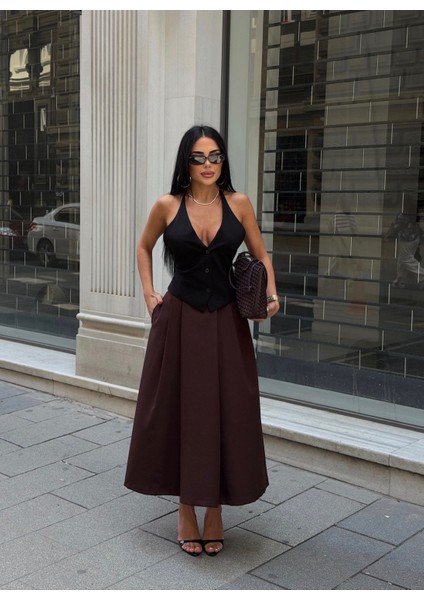 Kadın Yükse Bel Pileli Uzun Etek modelleri