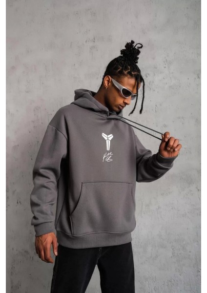 Erkek Baskılı Kapüşonlu Sweat - Gri