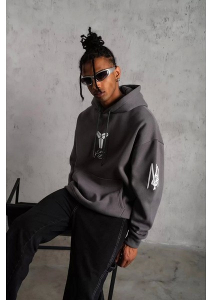 Erkek Baskılı Kapüşonlu Sweat - Gri