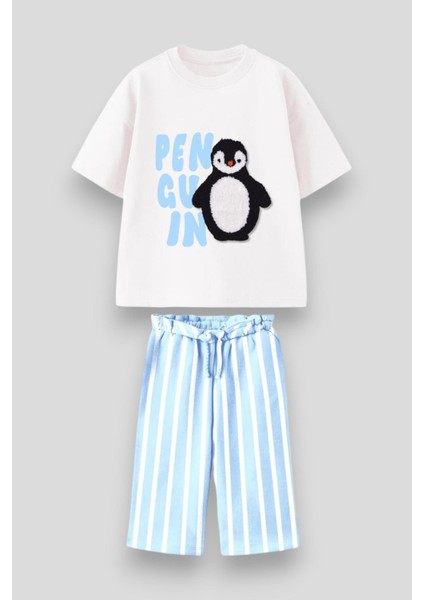 Kız Çocuk Pamuklu Beyaz Penguen Temalı T-Shirt ve Mavi Çizgili Şort Takım – Yazlık Iki Parça fiyatları