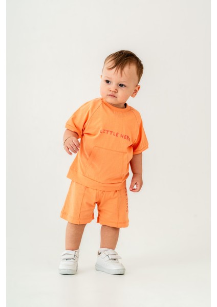 Erkek Çocuk Pamuklu Turuncu "little Hero" Yazılı Şortlu Takım - Cepli T-Shirt