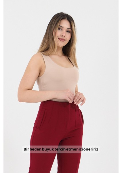 Kadın Premium Kalite Bej Kalın Askılı Havuz Yaka Bluz