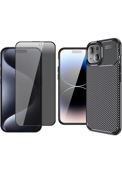 Apple iPhone 14 Plus Kılıf Auto Focus Karbon Tasarım Zore Negro Silikon Kapak + Hayalet Cam Ekran Koruyucu