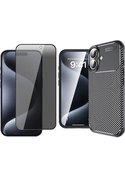 Apple iPhone 16 Plus Kılıf Auto Focus Karbon Tasarım Zore Negro Silikon Kapak + Hayalet Cam Ekran Koruyucu