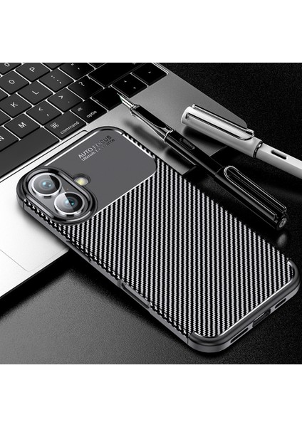 Apple iPhone 16 Plus Kılıf Auto Focus Karbon Tasarım Zore Negro Silikon Kapak + Hayalet Cam Ekran Koruyucu