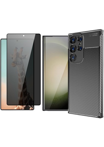Samsung Galaxy S24 Ultra Kılıf Auto Focus Karbon Tasarım Zore Negro Silikon Kapak + Hayalet Cam Ekran Koruyucu