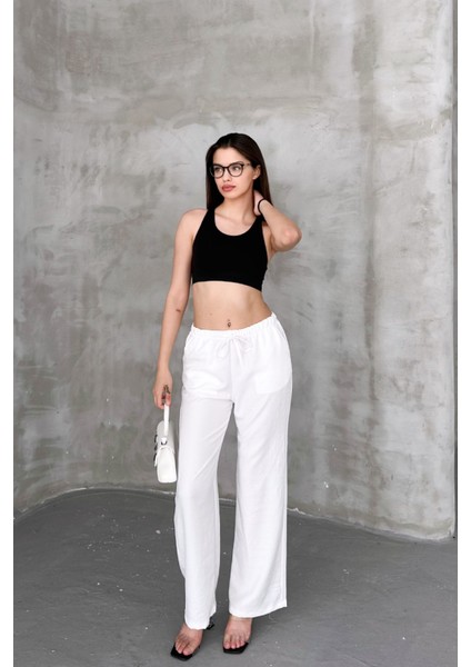 Beyaz Kadın Bel Lastik Detaylı Ince Dökümlü Baggy Keten Pantolon EMİLY-3021 modelleri