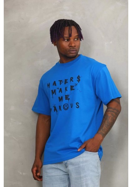 Unisex Oversize Baskılı Bisiklet Yaka T-Shirt - Mavi
