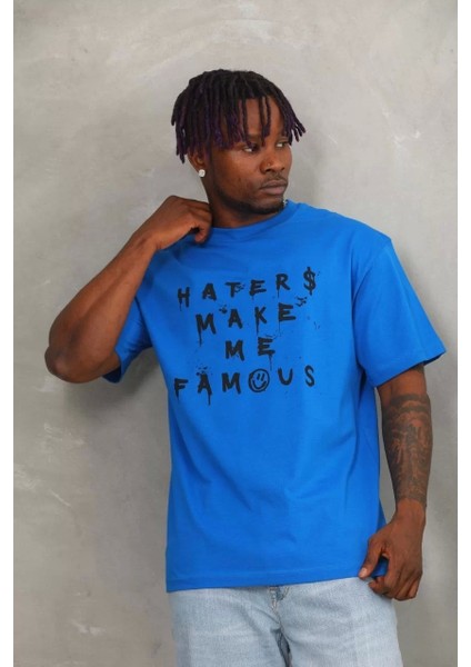 Unisex Oversize Baskılı Bisiklet Yaka T-Shirt - Mavi fiyatları