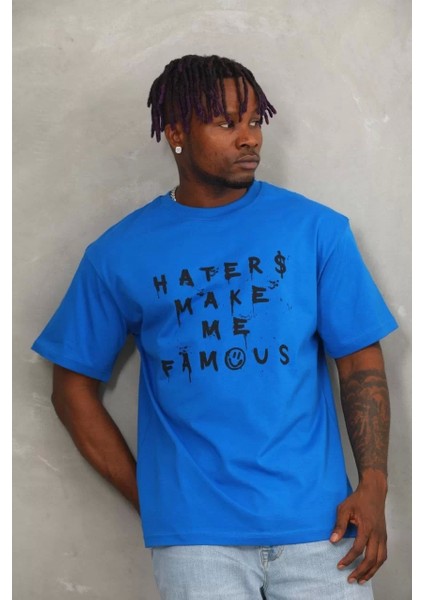Unisex Oversize Baskılı Bisiklet Yaka T-Shirt - Mavi modelleri