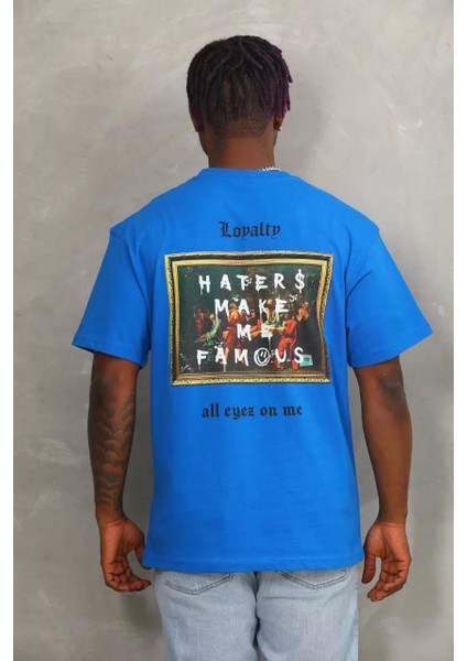 Unisex Oversize Baskılı Bisiklet Yaka T-Shirt - Mavi indirimleri