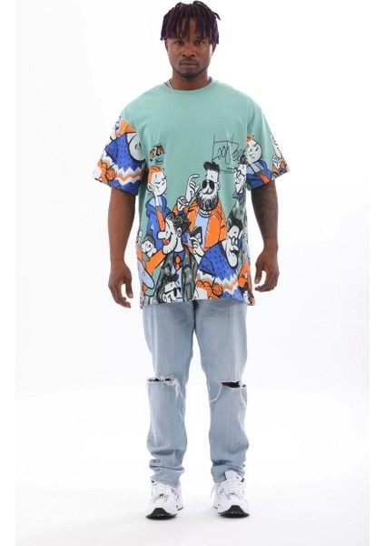 Unisex Oversize Baskılı Bisiklet Yaka T-Shirt - Mint Yeşili