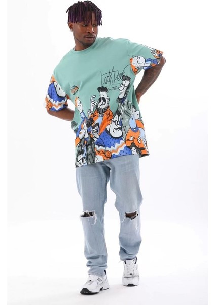Unisex Oversize Baskılı Bisiklet Yaka T-Shirt - Mint Yeşili modelleri