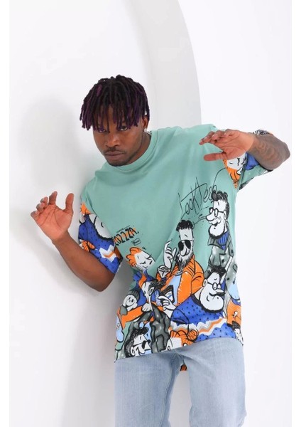 Unisex Oversize Baskılı Bisiklet Yaka T-Shirt - Mint Yeşili indirimleri
