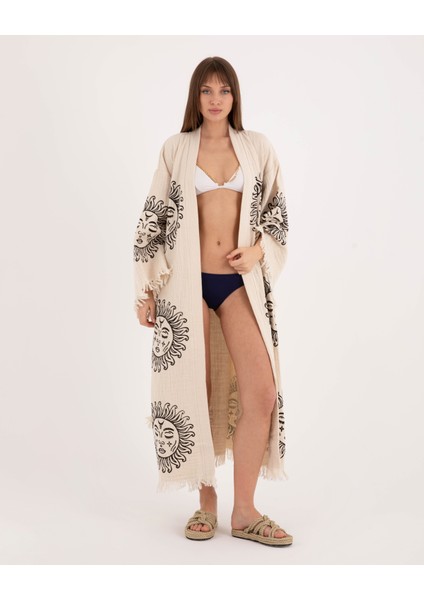 Müslin Kimono %100 Pamuklu Güneş Baskılı Desenli Bornoz Kaftan Sabahlık