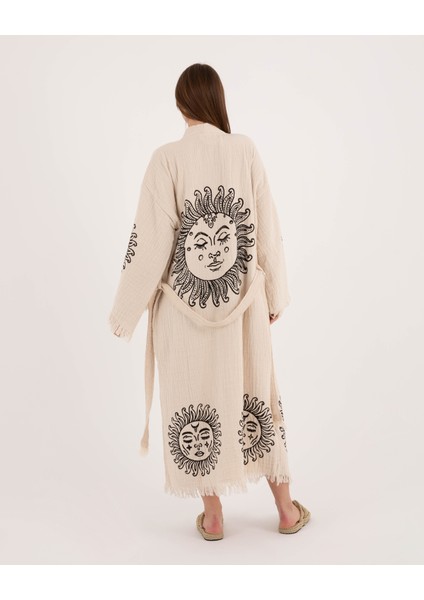 Müslin Kimono %100 Pamuklu Güneş Baskılı Desenli Bornoz Kaftan Sabahlık