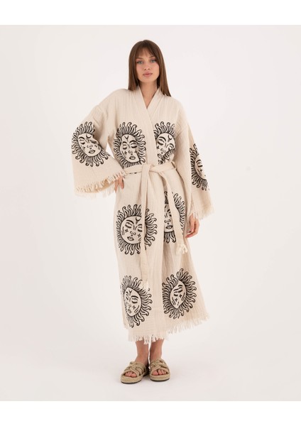 Müslin Kimono %100 Pamuklu Güneş Baskılı Desenli Bornoz Kaftan Sabahlık