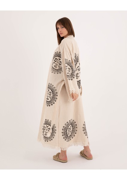 Müslin Kimono %100 Pamuklu Güneş Baskılı Desenli Bornoz Kaftan Sabahlık
