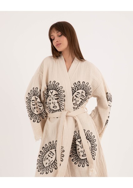 Müslin Kimono %100 Pamuklu Güneş Baskılı Desenli Bornoz Kaftan Sabahlık