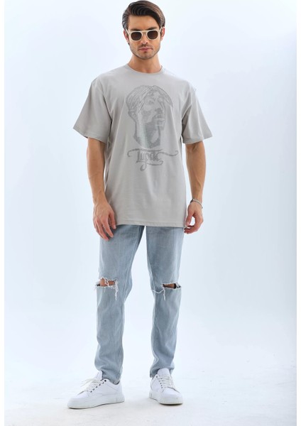 Unisex Oversize Taşlı Bisiklet Yaka T-Shirt - Gri