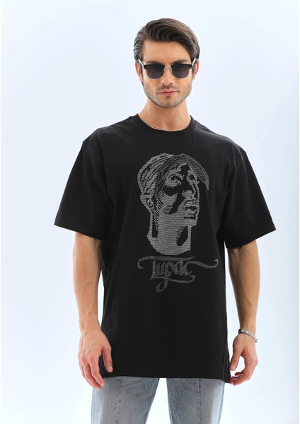 Unisex Oversize Taşlı Bisiklet Yaka T-Shirt - Siyah indirimleri
