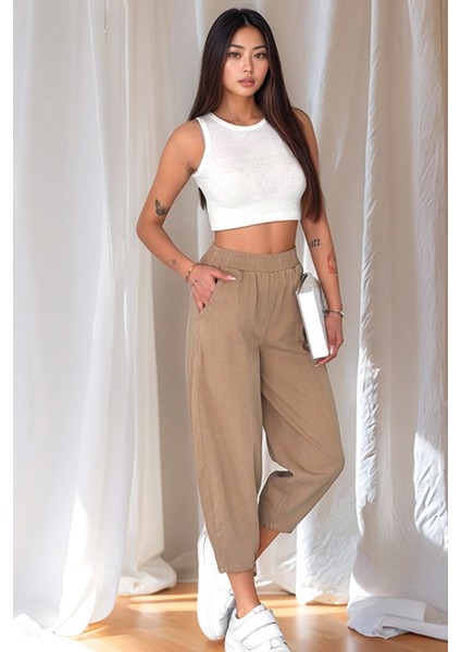 Kadın Pamuklu Bel Lastikli Dikiş Detaylı Camel Gabardin Kumaş Pantolon