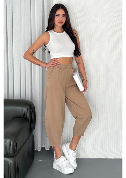 Kadın Pamuklu Bel Lastikli Dikiş Detaylı Camel Gabardin Kumaş Pantolon modelleri
