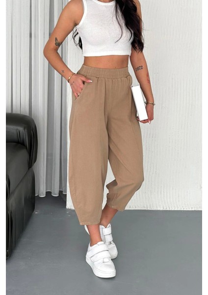 Kadın Pamuklu Bel Lastikli Dikiş Detaylı Camel Gabardin Kumaş Pantolon fırsatları