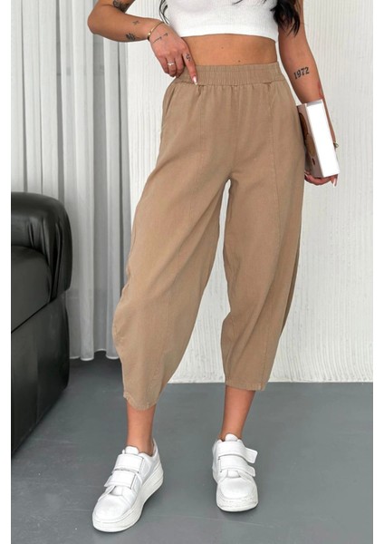 Kadın Pamuklu Bel Lastikli Dikiş Detaylı Camel Gabardin Kumaş Pantolon