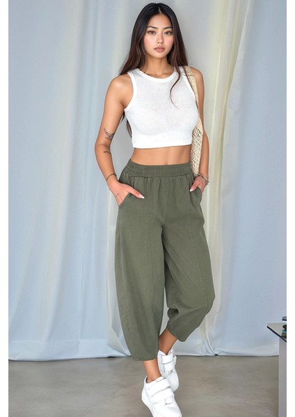 Kadın Pamuklu Bel Lastikli Dikiş Detaylı Haki Gabardin Kumaş Pantolon